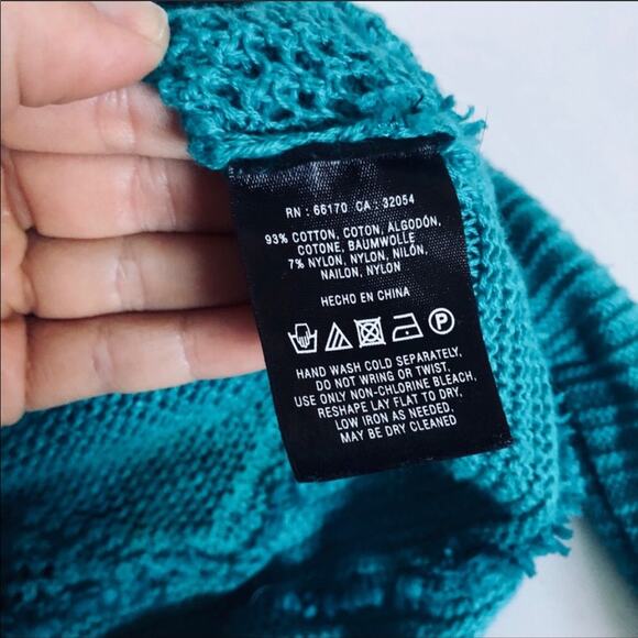 ANTHROPOLOGIE Turquoise Blue Patched Heather Hoodie VNeck Open Weave Sweater XS - Picture 7 of 11